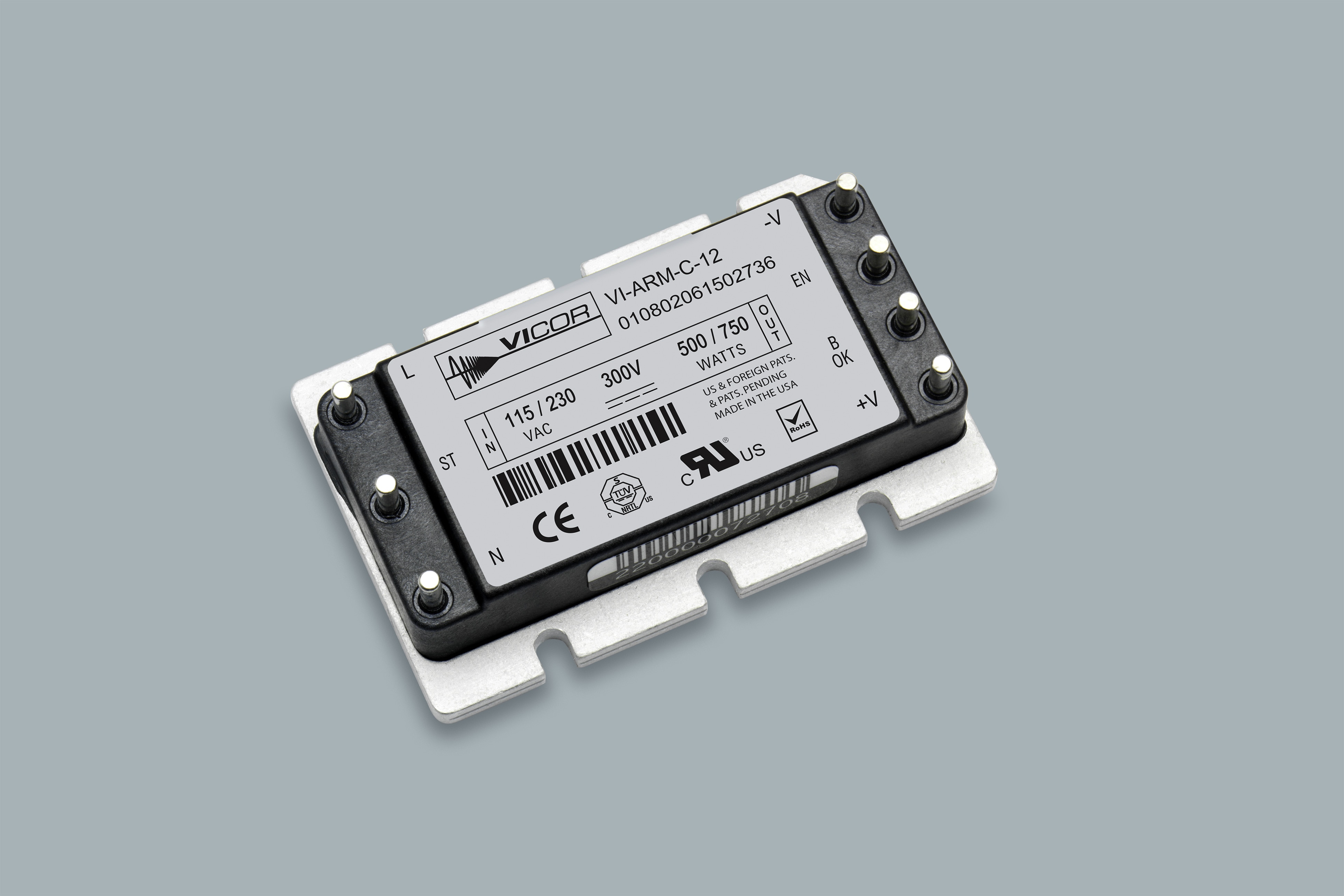 VI-ARMB-T222 The Vicor VI-ARMB-T222 is an AC/DC converter module providing 500W to 750W of power. It features autoranging line rectification and inrush-current limiting.
