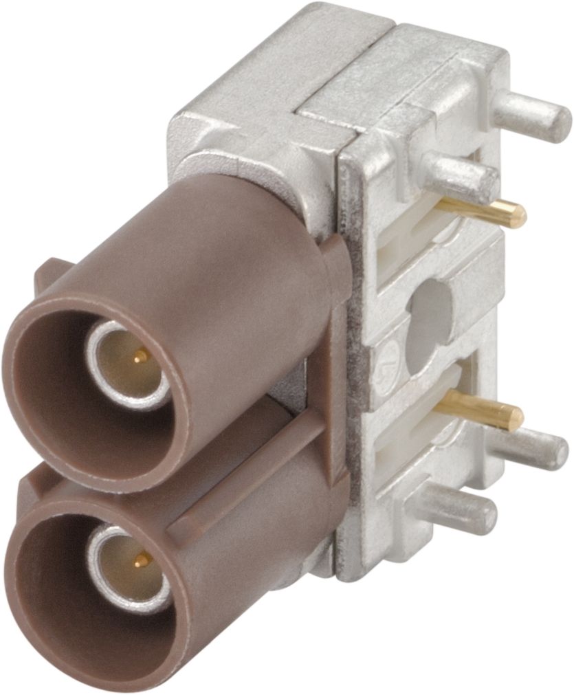 59S2AA-400A5-F The Rosenberger 59S2AA-400A5-F is a FAKRA right angle plug connector designed for PC-Board mounting. It features a double housing and is coded F brown for automotive applications.
