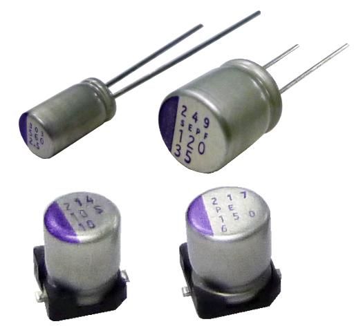 6SVP220MX Panasonic 6SVP220MX is an aluminum polymer capacitor with 220uF capacitance, 6.3V voltage rating, and low ESR of 35mOhm. It comes in an 8mm diameter SMD can package.