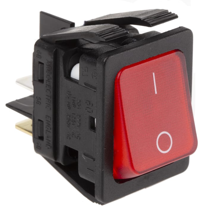 C6053ALNAE The Arcolectric (Bulgin) Ltd C6053ALNAE is an illuminated DPST rocker switch designed for panel mounting. It features a red actuator and white legend text.