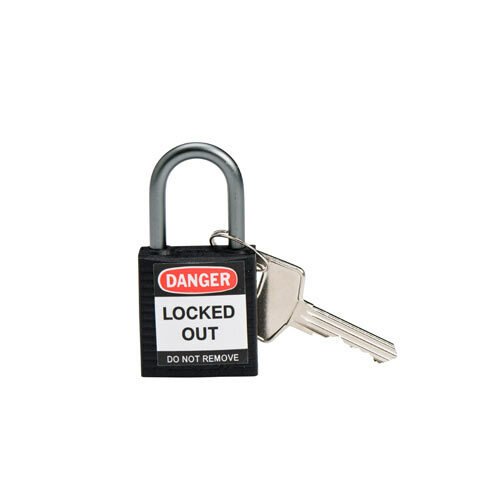 143166 The Brady 143166 is a black compact safety padlock featuring a durable polyamide nylon lock body and an aluminum shackle. It offers superior corrosion and chemical resistance.