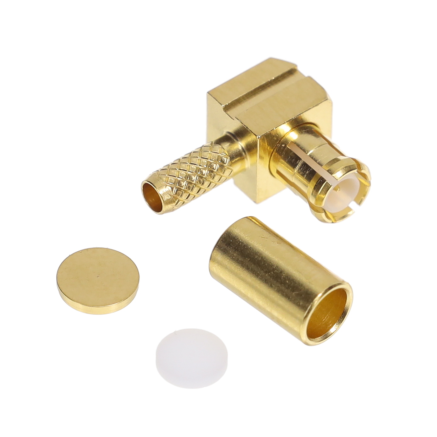R113182000W The R113182000W is an MCX right angle plug connector from Radiall with a male pin contact and crimp termination, designed for 50 Ohm systems up to 6 GHz.