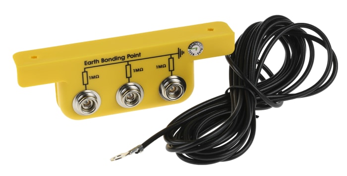287-7492 This RS PRO ESD Earth Bonding Bracket features 10 mm studs and ring terminals, designed for connecting operators and EPA elements to ground. It includes a 2m earth lead and is compliant with EN 61340-5-1.