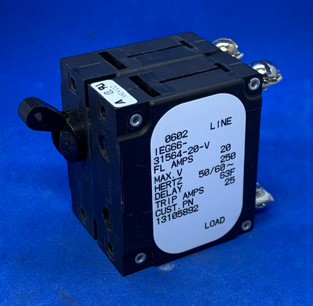 IEG66-31564-20-V The Sensata IEG66-31564-20-V is a 2-pole circuit breaker featuring a magnetic hydraulic delay mechanism. It is designed for panel mounting and offers a 20A current rating and 250V voltage rating.