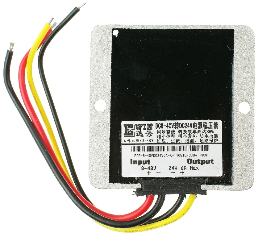 FIT0171 The DFRobot FIT0171 is a waterproof DC-DC converter with an 8-40V DC input and a 24V DC, 6A output, delivering up to 150W. It is designed for applications requiring a stable power supply.