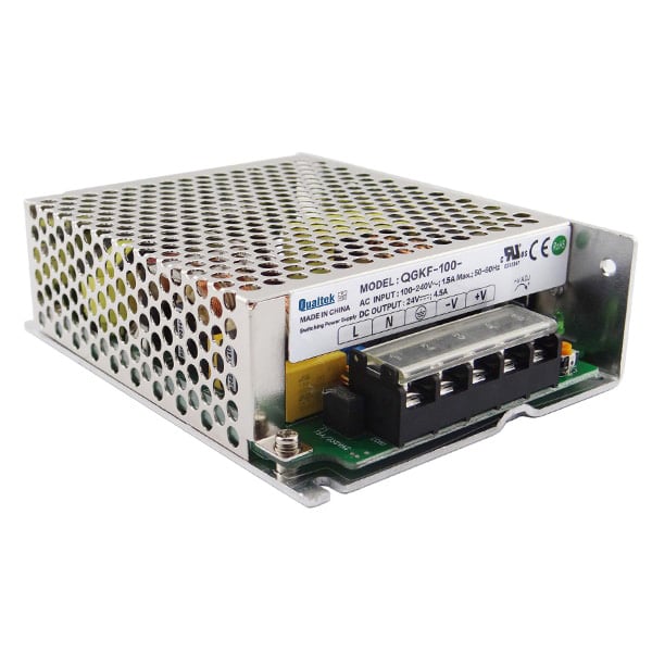 QGKF-100-24 The Qualtek QGKF-100-24 is an enclosed, conformal coated AC/DC converter with 101W of power. It features chassis mounting and universal input.