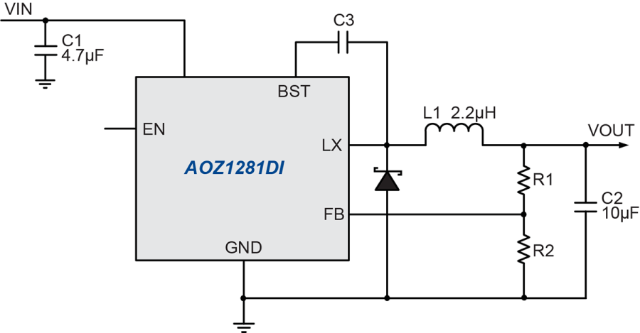 AOZ1281DI The AOZ1281DI is a 1.8A buck regulator from AOS, operating from a 3V to 26V input voltage range. It provides an adjustable output voltage down to 0.8V and features a fixed 1.5MHz PWM switching frequency.