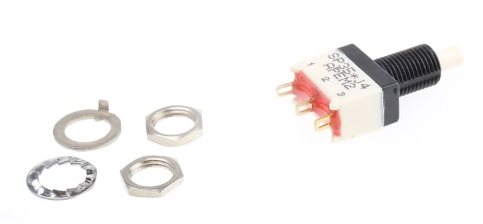 SP35S000077 The APEM SP35S000077 is a momentary push button switch with a Single Pole Double Throw (SPDT) contact configuration. It features a panel mount design and a 6.5mm cutout.