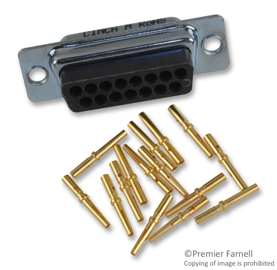 DAU15S The Cinch DAU15S is a 15-position D-Sub receptacle connector with female sockets and crimp termination. It features a free hanging mounting style, gold contact finish, and a 5A current rating.