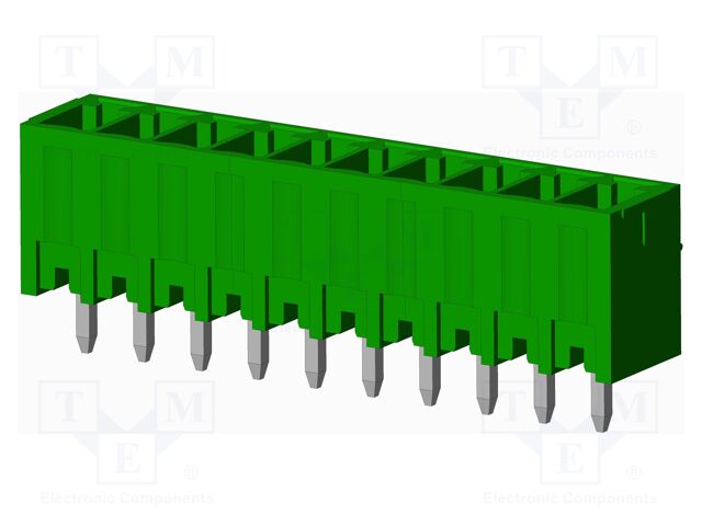 OQ1012500000G Amphenol Anytek OQ1012500000G is a 10-position, 3.5mm pitch, vertical through-hole terminal block header. It features a shrouded design with tin-plated contacts and is rated for 300V and 10A.