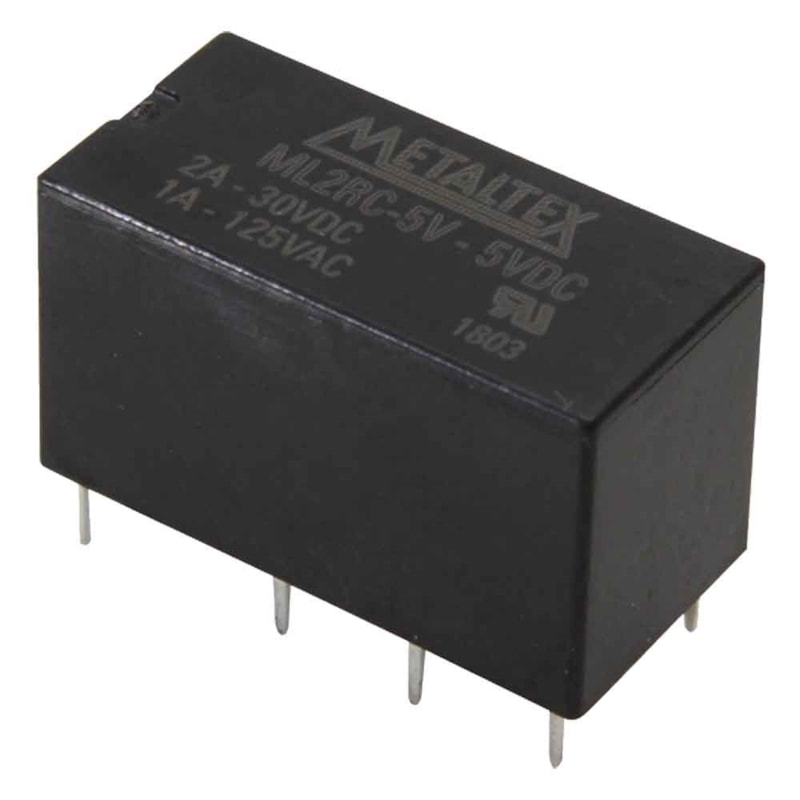 ML2RC-5V The METALTEX ML2RC-5V is a signal relay featuring 2 Form C contacts and a 5VDC coil voltage. It offers a 2A contact current rating with fast operate and release times.