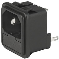 4304.6028 Schurter 4304.6028 is an IEC 320-C14 male blade receptacle power entry module rated 10 A at 250 VAC. It features panel mount snap-in installation, solder eyelet termination, and an integrated twin fuseholder drawer accepting 5x20 mm fuses.