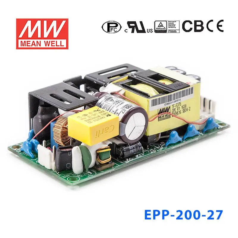 EPP-200-27 The Mean Well USA EPP-200-27 is a 143W AC/DC converter with a 27V output voltage. It features universal AC input, active PFC, and high efficiency up to 94%.