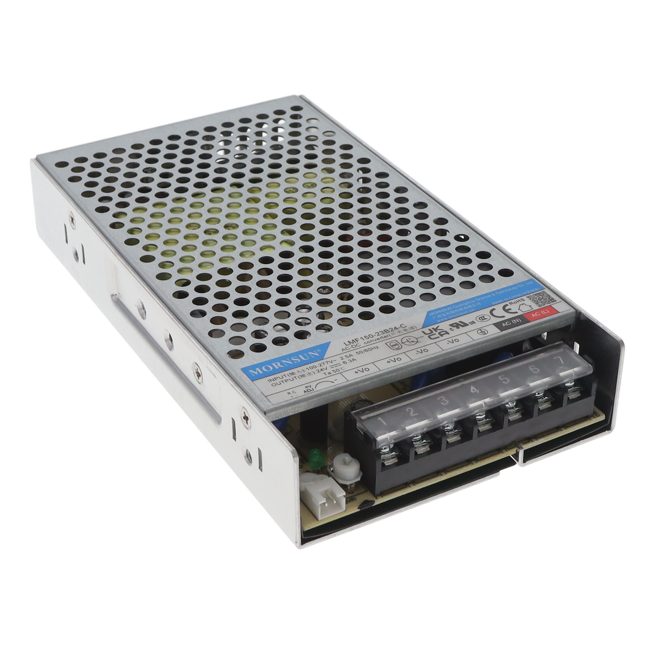 LMF150-23B24-C The Mornsun LMF150-23B24-C is an enclosed AC/DC converter providing a 24V output and 151W of power. It features universal input and chassis mounting.