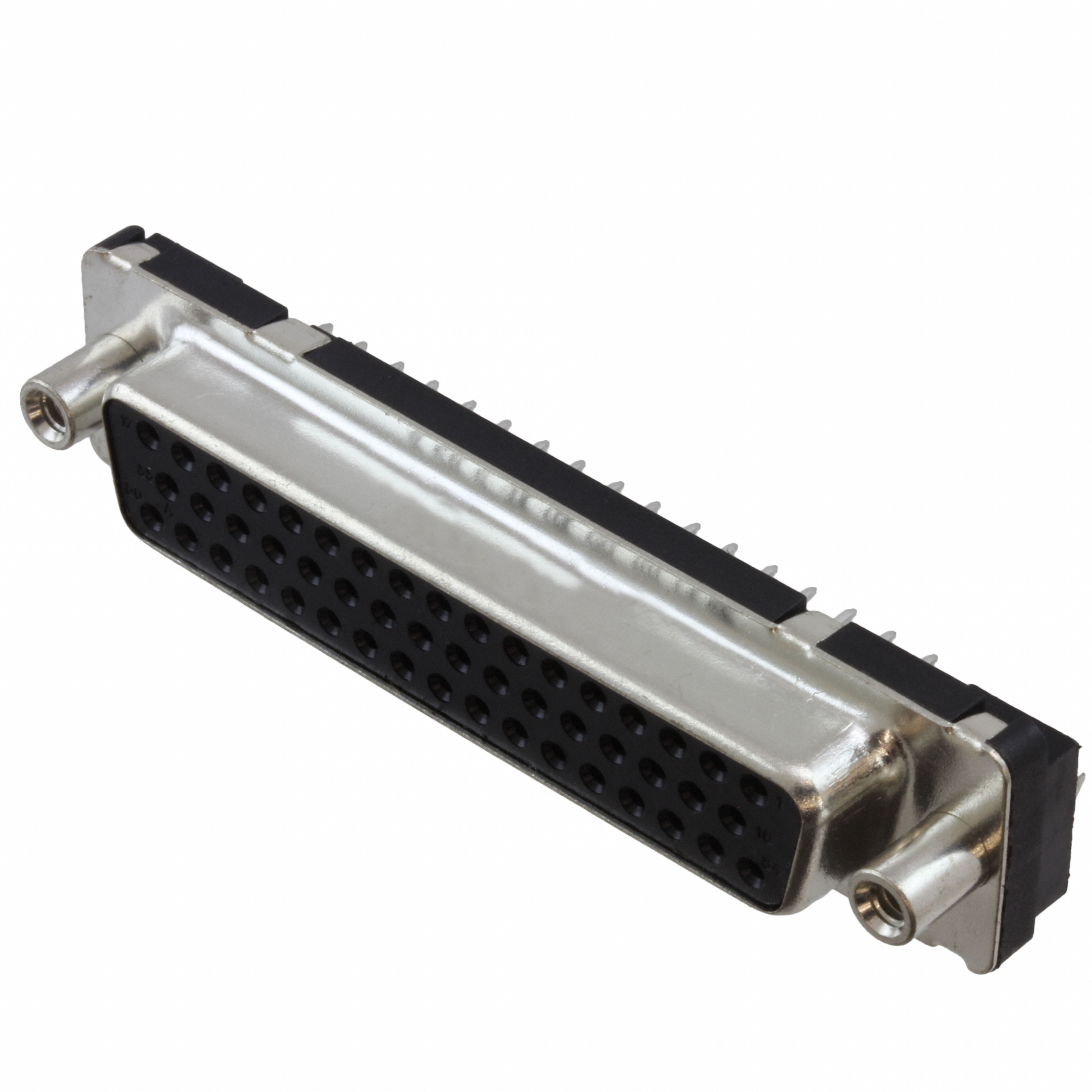 D50P24A4PX00LF D-Sub connector plug with 50 male pins, 3 rows, through hole solder termination, and gold flash contacts. Rated for 5A current.