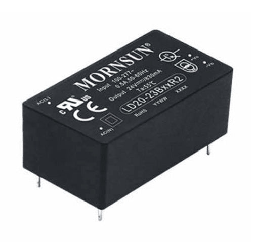LD20-23B05R2 The Mornsun LD20-23B05R2 is an enclosed AC/DC converter providing 5V at 4A for a total of 20W. It operates with an input voltage range of 85-305VAC.