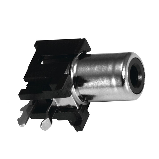 KLPX-0848A-2-O Female RCA phono jack, right angle, through hole mounting, unshielded, with orange insulation and board lock feature. Designed for audio applications, RoHS and REACH compliant.