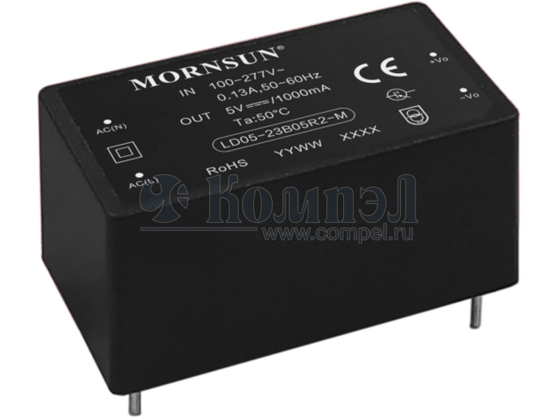 LD05-23B03R2-M The Mornsun LD05-23B03R2-M is an enclosed AC/DC converter with a 4.95W output power and a 3.3V/1.5A output. It features an ultra-wide input voltage range of 85-305VAC.