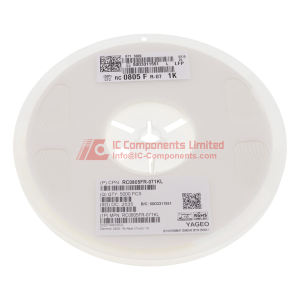 RC0805FR-071KL The Yageo RC0805FR-071KL is a surface mount chip resistor with a resistance of 1 kΩ and a tolerance of ±1%. It has a power rating of 1/8W and is housed in an 0805 package.
