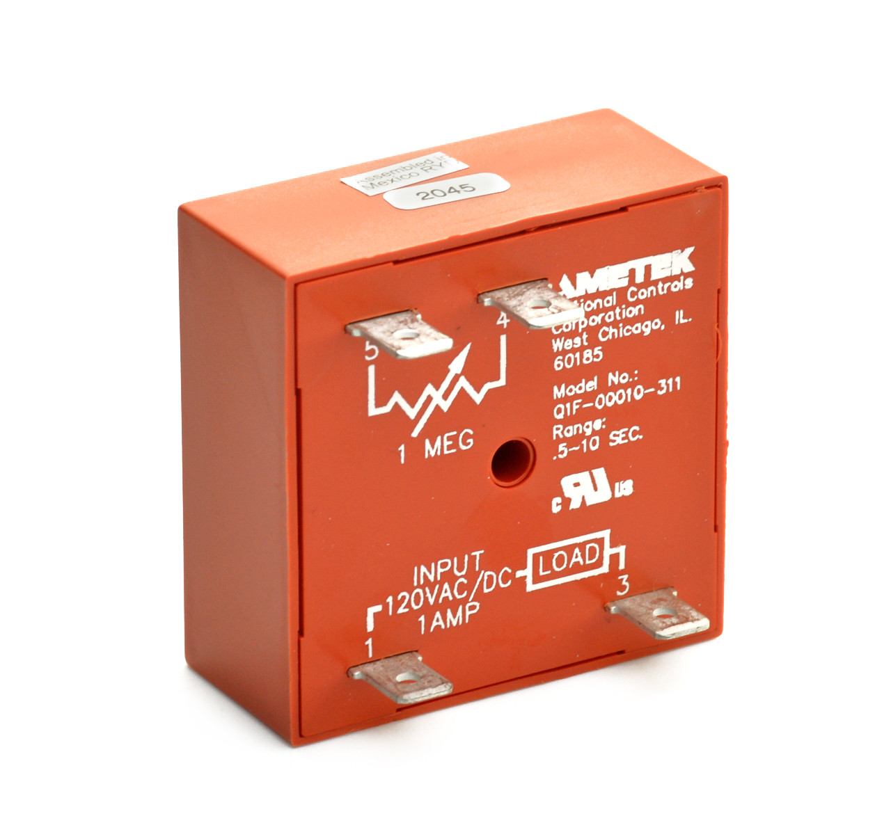 Q1F-00010-311 The Ametek Q1F-00010-311 is a time delay relay featuring a Delay On Make function. It operates with an input voltage of 120 VAC/VDC and has an adjustable time range of 0.5 to 10 seconds.