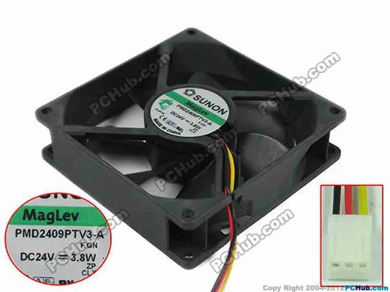 PMD2409PTV3-A The SUNON PMD2409PTV3-A is a server square fan designed for cooling applications. It operates at 24VDC and has a power consumption of 3.8W.