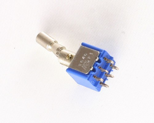 5646 The APEM 5646 is a miniature toggle switch featuring a DPDT circuit with an ON-OFF-ON function. It is designed for solder termination.