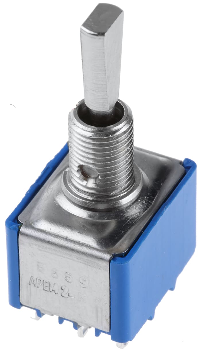 5659A9 The APEM 5659A9 is a panel-mount toggle switch featuring a 3PDT contact configuration and On-Off-On operation. It is designed for solder termination.