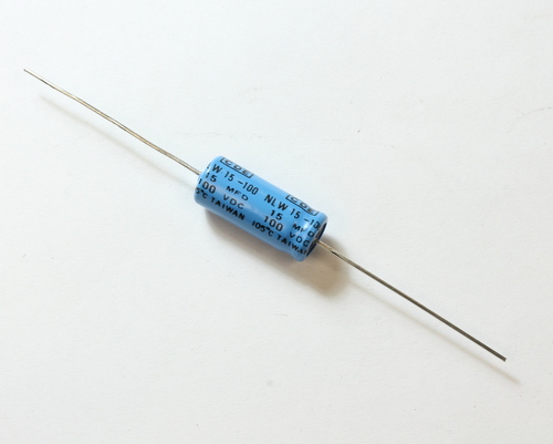 NLW15-100 The Cornell Dubilier Electronics NLW15-100 is an axial aluminum electrolytic capacitor with a capacitance of 15µF and a voltage rating of 100V. It features a wide tolerance of -10% to +75% and an operating temperature of 105°C.