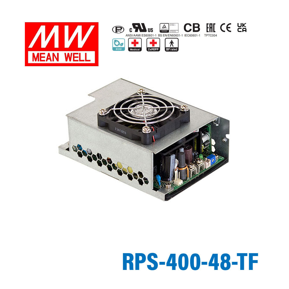 RPS-400-48-TF The Mean Well RPS-400-48-TF is an open-frame AC/DC power supply providing 48V at 5.3A for a total of 254.4W. It operates from 80-264VAC input.