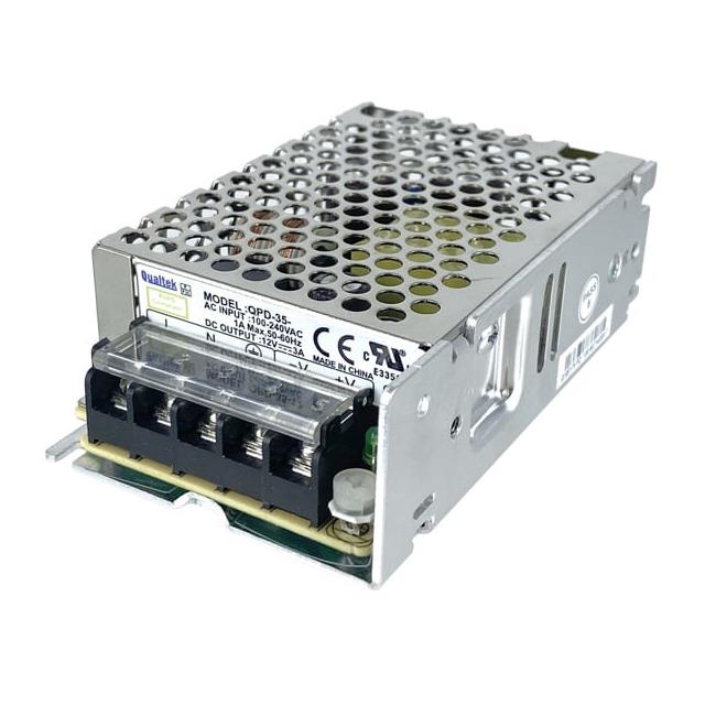 QPD-35-5 The Qualtek QPD-35-5 is an enclosed AC DC converter providing 35W of power with a 5V output. It features universal input voltage and chassis mounting.