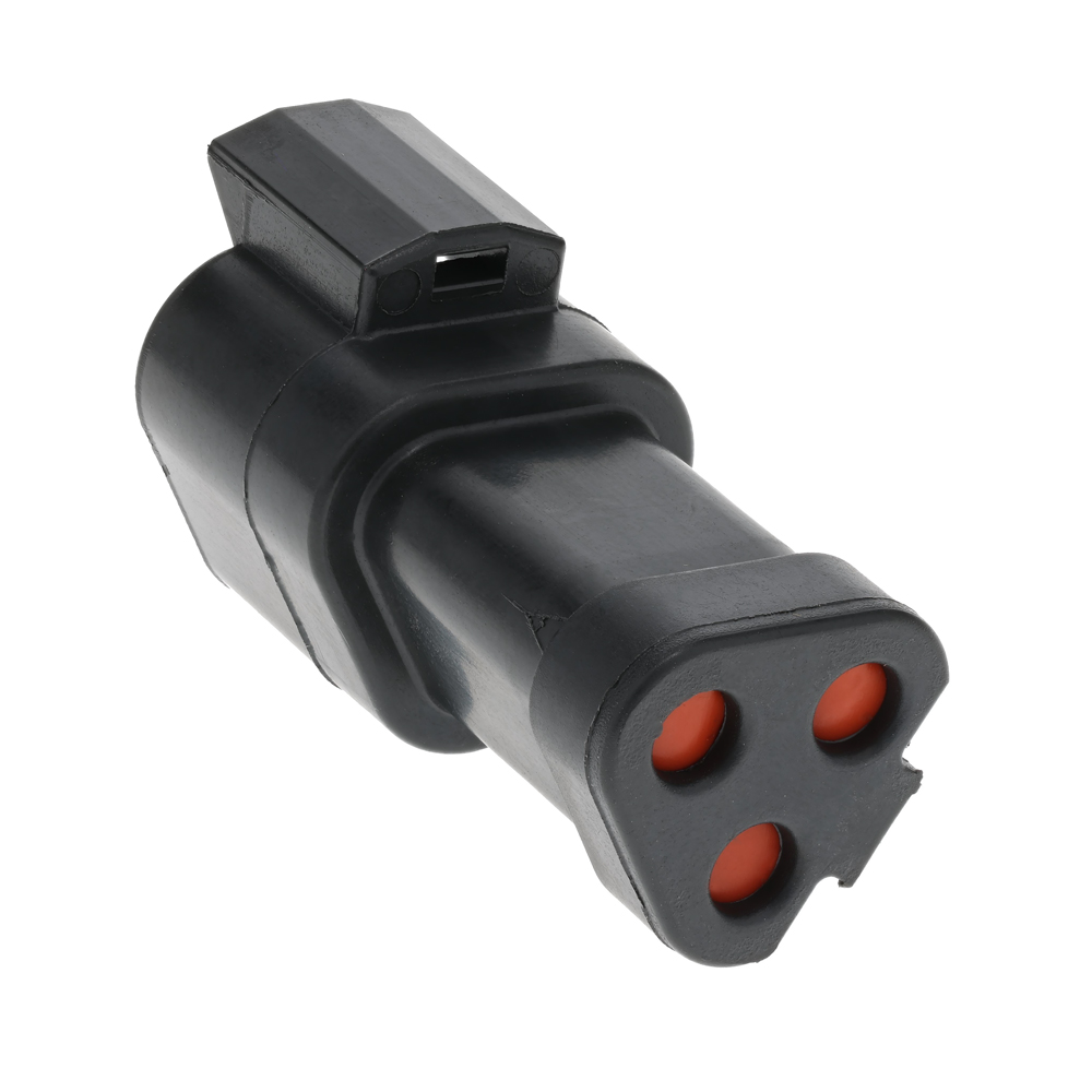 DT04-3P-EP10 TE Connectivity DT04-3P-EP10 rectangular connector housing with 3 positions, receptacle, male pin contacts, crimp termination, latch holder, and IP68/IP6K9K ingress protection.