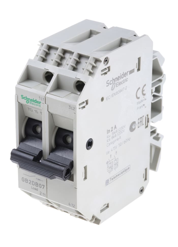 GB2DB07 The Schneider Electric GB2DB07 is a 2-pole thermal magnetic circuit breaker designed for control circuit applications. It offers a 2A current rating and a 415V AC / 48V DC voltage rating.