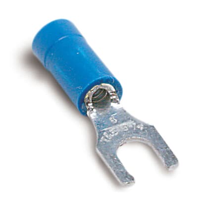 14RB-8FL The ABB Power Electronics 14RB-8FL is a vinyl-insulated locking fork terminal designed for wire sizes 18-14 AWG. It features a #8 bolt hole and a copper, tin-plated construction.