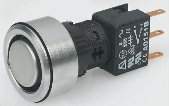 A3PFA1X216K2 The APEM Inc. A3PFA1X216K2 is a latching, illuminated push button switch designed for panel mounting. It features a DPDT contact configuration and a green LED indicator.
