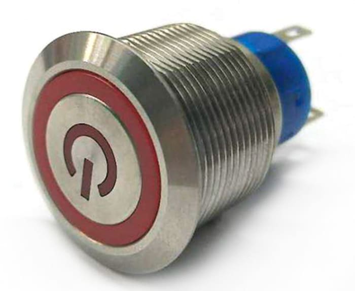 175-9268 This RS PRO illuminated push button switch offers a panel mount design with a 22.2mm cutout and SPDT contact configuration. It features a red LED indicator and an IP67 rating.