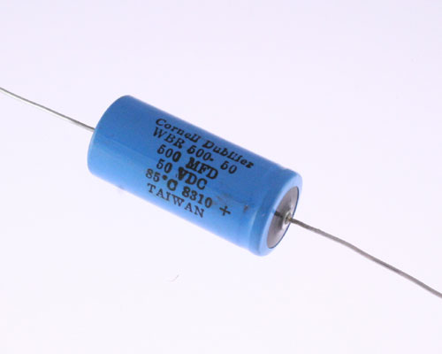 WBR500-50 The Cornell Dubilier Electronics (CDE) WBR500-50 is an aluminum electrolytic capacitor with a capacitance of 500µF and a voltage rating of 50VDC. It features axial terminals and a bulk package.