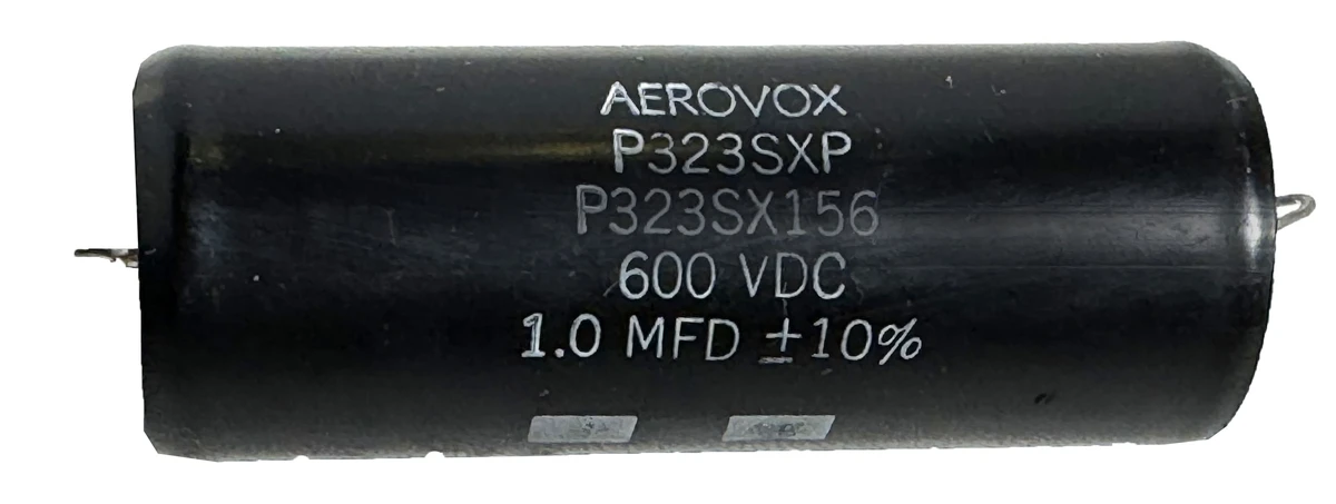 P323SXP This Aerovox P323SXP is a 1 µF, 600 VDC metal paper axial capacitor. It offers a 10% tolerance and is suitable for various applications.