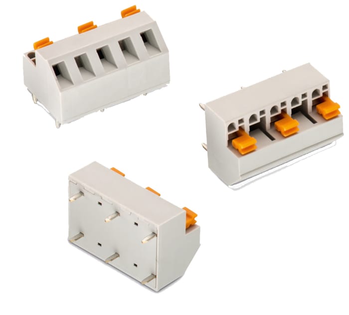 691415620003 WR-TBL 4156 series terminal block featuring 10.16 mm pitch, screwless push-in termination, and 45° cable entry. Rated for 15 A current and 300 V AC (cULus).