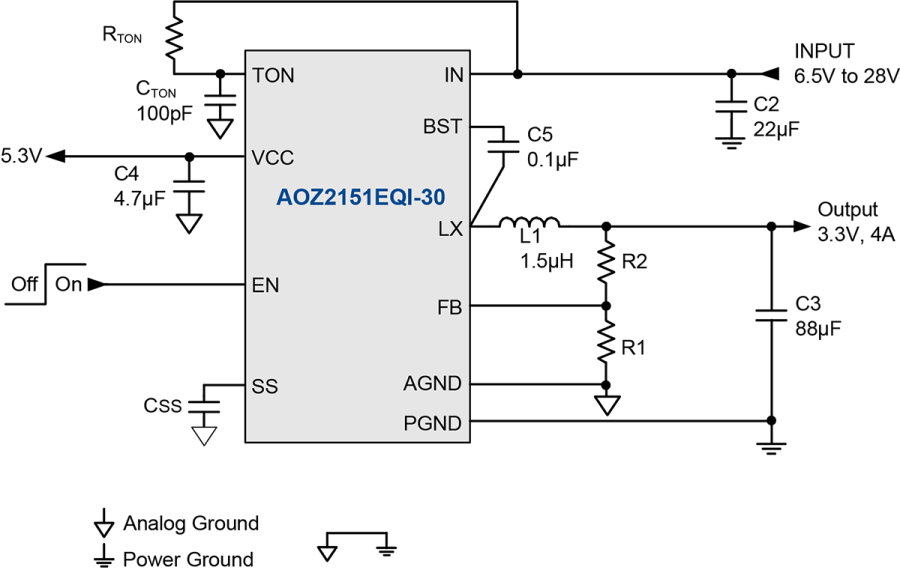 AOZ2151EQI-30 The AOS AOZ2151EQI-30 is a high-efficiency synchronous buck regulator. It operates from a 6.5V to 28V input and delivers up to 4A of continuous output current.