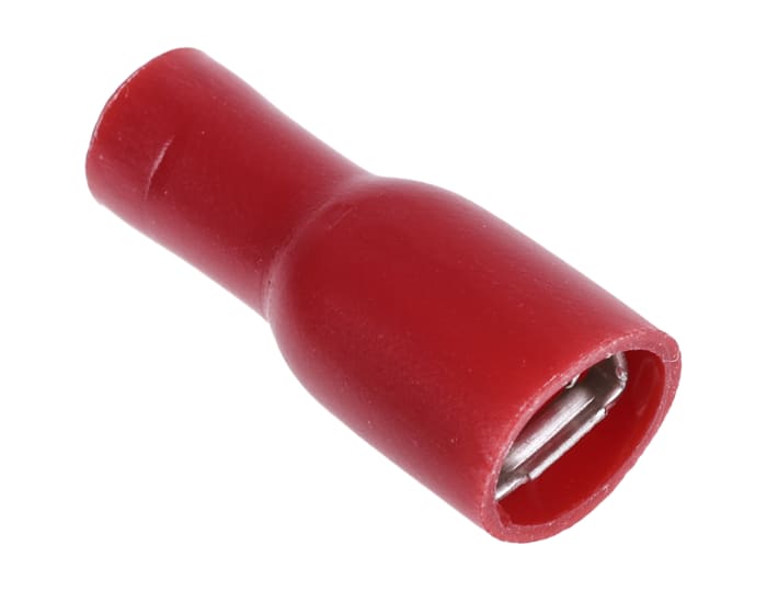 208-2464 This RS PRO female spade connector offers a reliable crimp termination for wires ranging from 22 to 16 AWG. It features red vinyl insulation and a straight orientation.