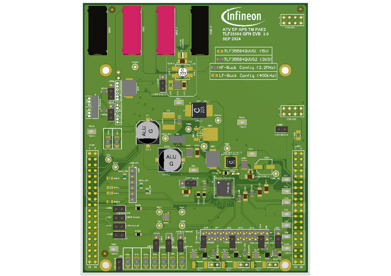 TLF35584QVVS2 The TLF35584QVVS2 is a special purpose regulator from Infineon featuring an input voltage range of 3.0V to 40V. It provides a nominal output voltage for communication supply applications.