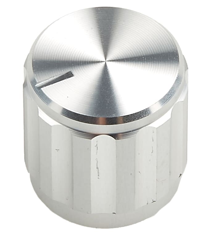 498-889 This RS PRO potentiometer knob features a 15mm diameter and is designed for a 6.4mm circular shaft. It is constructed from durable aluminium.