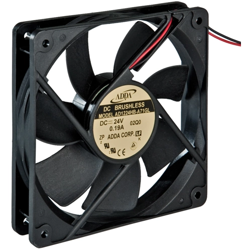 AD1224HB-A71GL The ADDA AD1224HB-A71GL is a 24V DC axial fan with dimensions of 120x120x25 mm. It features a ball bearing system and operates at a nominal speed of 2,200 RPM.