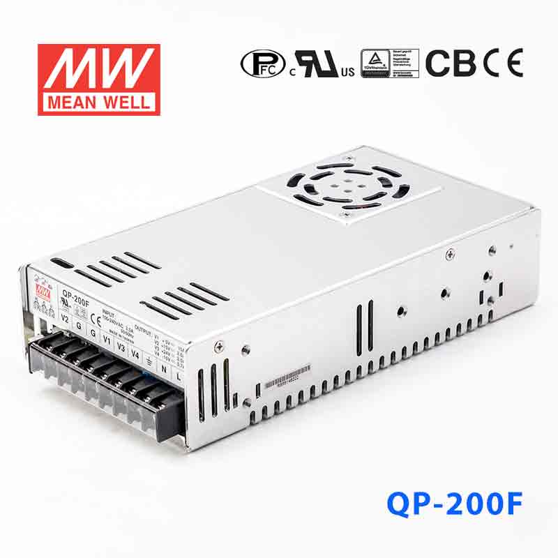 QP-200F The Mean Well USA QP-200F is an enclosed AC/DC converter with multiple outputs and a 203W power rating. It features universal input and adjustable output.