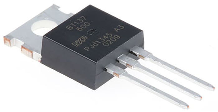 BT137-600,127 The NXP BT137-600,127 is a 3-pin TRIAC in a TO-220 package. It features a 600V repetitive peak reverse voltage and an 8A rated average on-state current.