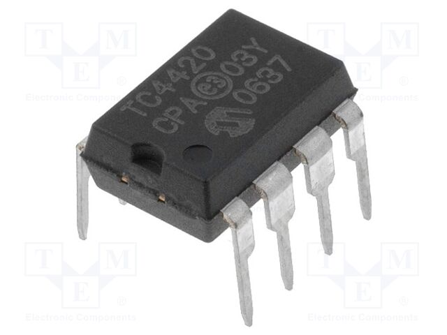 TC4420CPA The Microchip Technology TC4420CPA is a single-output MOSFET driver with a 6A peak output current. It operates from a 4.5V to 18V supply and features fast switching times.