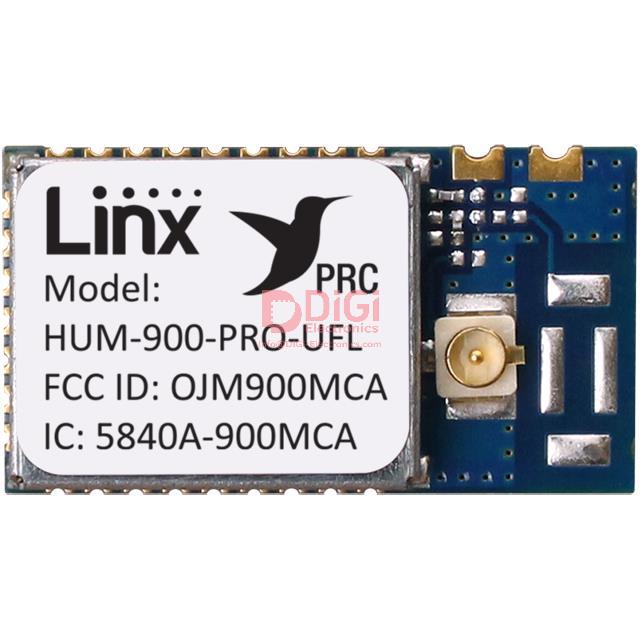 HUM-900-PRC-UFL The Linx Technologies Inc. HUM-900-PRC-UFL is a General ISM < 1GHz RF Transceiver Module operating in the 902MHz to 928MHz frequency range. It features FHSS, FSK modulation and a data rate of 115.2kbps.