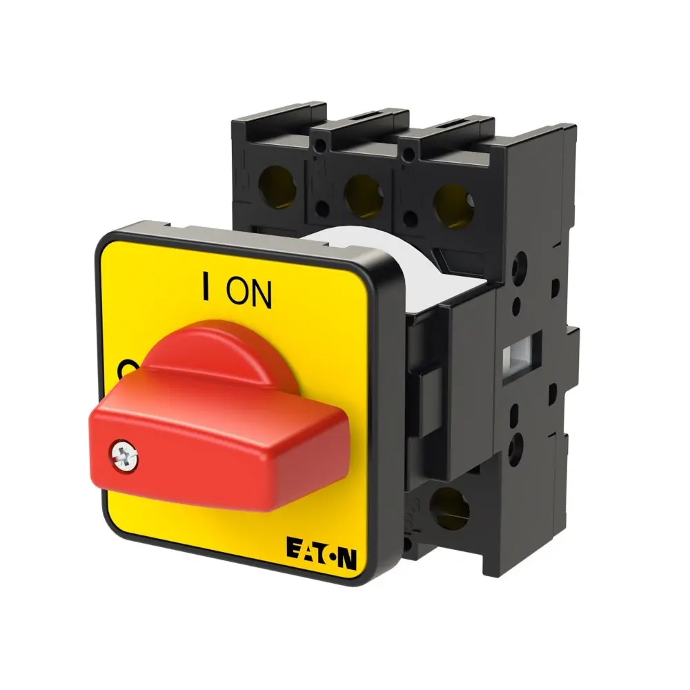 P1-25/E The Eaton Moeller P1-25/E-RT is a 25A, 3-pole, flush-mounted on-off switch with a red thumb grip and yellow front plate. It is designed for emergency switching off applications and rated up to 690V AC.