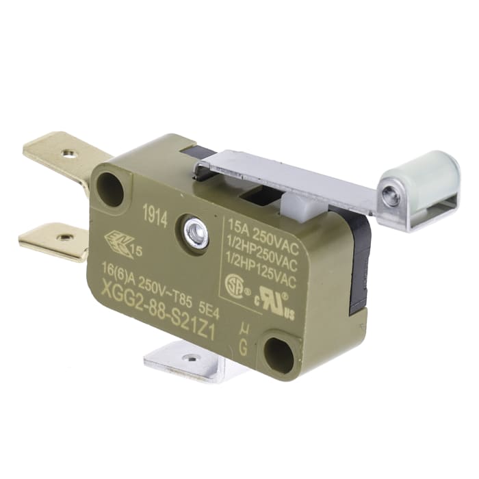 XGG2-88-S21Z1 The Saia-Burgess XGG2-88-S21Z1 is a miniature micro switch featuring a roller lever actuator and tab terminals. It is rated for 15A at 250V AC and offers IP40 protection.