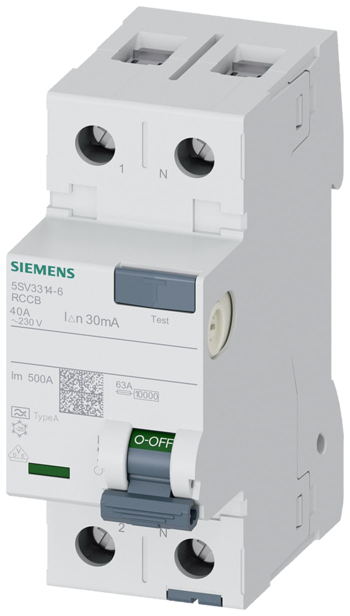 5SV3314-6 The Siemens 5SV3314-6 is a 2-pole Residual Current Circuit Breaker (RCCB) with a 40A current rating and 30mA trip sensitivity. It is designed for personnel and fire protection.